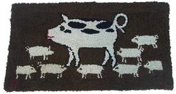 X67 Hooked Rag Rug with Spotted Pig and Eight Piglet's. Brown ground with white swine. Signed A. L.