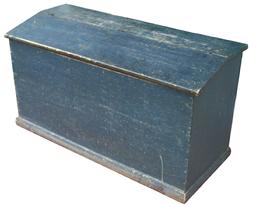 X84 19th century  Blue painted Pennsylvania storage Bin, divided interior, nailed construction, with an applied base  early , 23 1/2" h., 43" w.