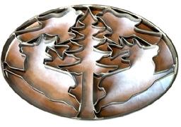 K1879 Oversized oval tin cookie cutter featuring multiple shapes including a tree, two antlered deer and two birds. Nicely rolled edges on the top and all solder joints are secure. Measurements: 8 5/8" wide x 5 7/8" tall x 3/4" thick. 