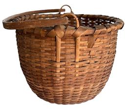 **SOLD** M59 Identified, very well constructed, 19th century round woven splint oak swing handle basket with original surface, bearing a thick, sturdy hand-carved steamed and bent swing handle that branded on the top with the initials E.D.. Single wrapped, double wooden rim. Deeply bumped-up interior for appropriate weight distribution of contents.