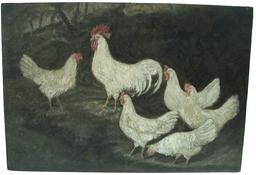 W217 Late 19th century oil on canvas of  five Hens and one Roaster painting, painting is as found. 26 1/4" tall  x 38" wide