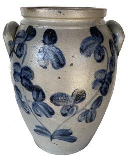 **SOLD** F376 Mid 19th century Peter Hermann Cobalt-Decorated Stoneware Jar, Baltimore, MD origin, circa 1850, ovoid jar with tooled shoulder, squared rim, and applied lug handles, cobalt-decorated front and back with a two-stemmed clover plant.
