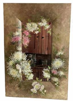 H346 Early 1900's New England wooden framed mirror beautifully hand painted and decorated with Chrysanthemums. Wonderful, thick beveled glass mirror surrounded by slightly convex frame with expertly mitered corners.