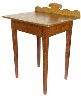 G822 Early 19th century country Hepplewhite paint decorated table with decorative cut out backsplash secured with square head nails. Circa 1820 Base is fully mortised and pegged, top is secured with square head nails.