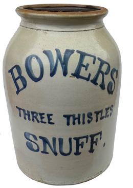 Z184 19th century Pennslyvania  EARLY BOWERS THREE THISTLES SNUFF ADV STONEWARE CROCK Large "Bowers Snuff" Crock, off white glaze with freehand cobalt label: "Bowers Three Thistles Snuff" on front. Three-Thistle snuff, four -gallon jar, salt glazed stoneware straight sides and flared lip with brown glazed interior and cobalt painted inscription as above  It measures 14 1/4" tall and 9 1/2" in diameter 14 1/2"