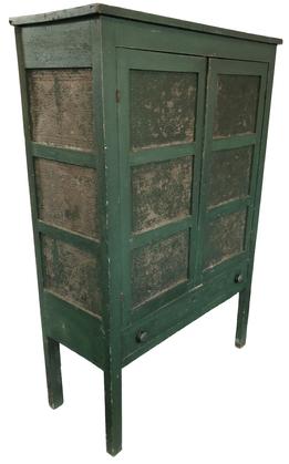 D565  Pennslyvania 12 star hand punched  tin pie safe, two doors  over a single dovetailed drawer,  in old green paint with  resting on tall legs, beautiful two panel two panel back, with old natural patina interior Measurements are 16 1/2" deep x 393/4" wide x 59" tall
