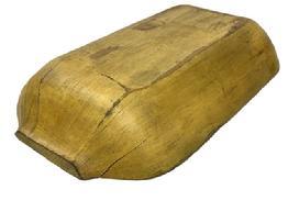 M242 Early 19th century hand-hewn wooden trencher with carved handles bearing its original old mustard painted surface. Natural patina interior with evidence of significant chop and tool marks from years of use. Very sturdy, even with early age crack to one end that does not affect the integrity of this item. Circa 1830�s � 1840�s. Measurements: 19� long x 10 &frac34;� wide. Height varies between 2 &frac34;� - 3 &frac14;� tall, depending on where it is measured.  