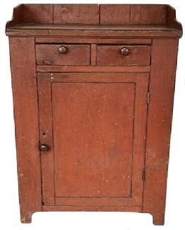 H234 Early 19th century Pennsylvania Jelly Cupboard, in the original red paint, dovetailed case with two dovetailed drawers over a single panel door, with a nice high cut out foot, and applied gallery. Nice, clean interior, original knobs. Image Properties