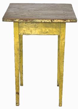 J460 Early 19th century Pennsylvania Hepplewhite table / stand boasting its original vibrant yellow painted surface. Two board top with fully mortised and pegged, beaded edged apron resting on long, delicately tapered legs.  The wood is pine. Measurements: 20 ¾ x 20 ½ x 29 ¾ tall.  