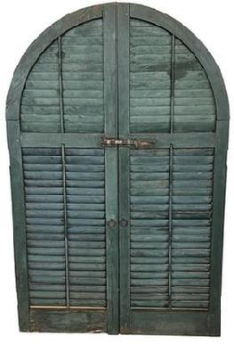 H33 Large arched wooden window Louvers in old dry green painted surface with original hardware. Mortised construction. Detailed workmanship throughout. Great condition.