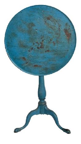 Stunning 18th century Pennsylvania walnut birdcage tilt-top candlestand retaining old blue painted surface, pegged birdcage with original hardware. This wonderful candlestand boasts a carved dish rim encircling the top, nice turnings on the center column and birdcage and tall arched legs. Circa 1760s-1790s. Measurements:  21 5/8 diameter x 29 ¼ tall. (41 tall with the top in the stored position).  