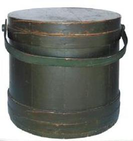 Z170 Large New England green Covered Wooden Firkin, tongue and groove softwood staved sides, tapered lap joint wood bands, bent wood handle with wood peg attachments,