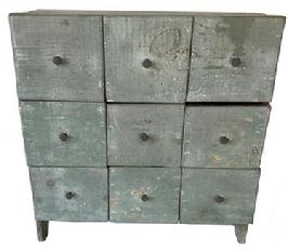**SOLD**  G217 Late 19th century / early 20th century Country Storet, nine drawers country store Apothecary Chest.retaining it's original light gray paint, and knobs,  nailed construction Measurements are 17" wide x 18" tall x 7 1/2" deep 
