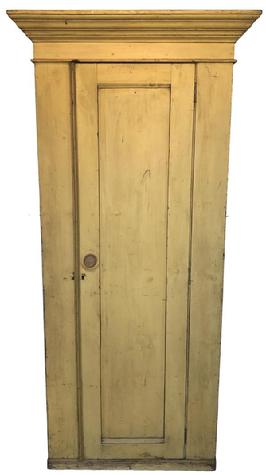 SP11 19th century New England one panel door Chimney Cupboard/ storage Cupboard with original mustard paint, wide applied crown molding at the top, one board construction