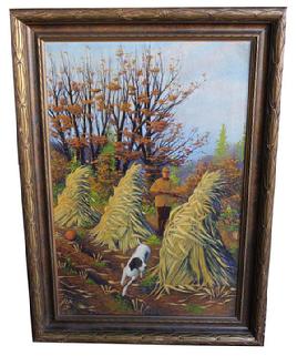 B11 Early 20th century painting of Hunting Scene in the Fall, oil on canvas in original frame circa 1920 