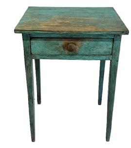 M325 19th Century Pennsylvania Hepplewhite one drawer stand featuring tall, delicately tapered legs retaining its old robin egg blue painted surface. The drawer is dovetailed front and back. Square head nail construction. Circa 1840s. Measurements: 21 5/8� wide x 18 &frac34;� deep x 29 5/8� tall.