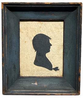 G339 Early 19th century , beautiful original  blue painted frame . with a Silhouette of a young Boy IN PROFILE WITH FINE CUT DETAILS.AMERICAN, Circa 1820-1840