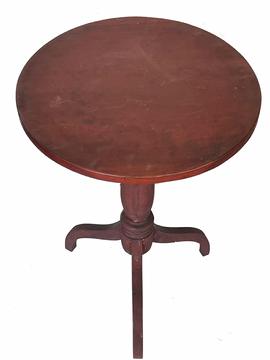 **SOLD** H473 � Wonderful 18th Century tilt top candle stand in original dry red painted untouched surface. Solid wooden baluster turned column with three high arched applied legs. Circa. Measurements: 17 ½� x 18� diameter top. 26 ¼� tall with top up. Overall height is 35� tall with top down in stored position. 