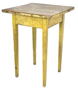 J460 Early 19th century Pennsylvania Hepplewhite table / stand boasting its original vibrant yellow painted surface. Two board top with fully mortised and pegged, beaded edged apron resting on long, delicately tapered legs. Image Properties