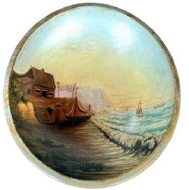 L2 New England Folk Art painted and dated wooden bowl with scene depicting a house on a cliff with boats on the beach and in the water close by hand painted inside. Dated 1884 on the lower left side of the scene. Thick, sturdy wooden bowl. Measurements: 13 ½ x 14 ½ diameter (out of round) x 3 ½ deep.   