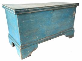 E478 Mid 19th Century Eastern Shore, MD blanket chest.  All square nail construction with a really nice, applied bracket base and molded lid in early blue paint. The primary wood is poplar. Circa 1850�s.  Measurements:  28 3/4� wide x 13 1/4� deep x 16 1/2� tall