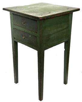 *SOLD* H247 19th century New England Hepplewhite two drawer stand retaining its fantastic original green painted surface. Square nail construction. Nice beaded edge along top and bottom of both drawers. Nicely tapered Hepplewhite legs are fully mortised and pegged into the apron.