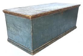 i2 18th century original blue painted dovetailed document box with applied molding around top and bottom. Combination of dovetailed, �T� nails and square head nailed six-board construction. Wonderful dry blue painted exterior surface with natural patina interior. Very faint pencil writing on inside of lid. Circa 1790s. 