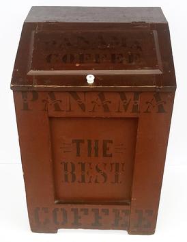 J18 Exceptional, early 19th century large original red painted coffee bin with black stenciling identified �from Franklin MacVeagh & Co. Proprietors Bengal Mills Chicago ILL� and �PANAMA COFFEE� on the top/lift lid. The front panel reads: �PANAMA  THE BEST  COFFEE� AND THE BACK READS �W H K Falls City�. Very sturdy bin with applied block style feet and clean, natural patina interior.  Square head nail construction. Measurements:  21 ½� wide x 21 ¾� deep x 32� tall.