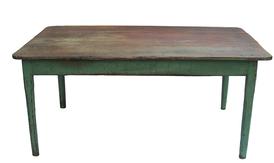 W279 19th century Shenandoah Valley Virginia heart pine Farm Table with old teal paint over the original red,the base is mortised and pegged construction, with a pencil post style leg, good height, circa 1820-1840