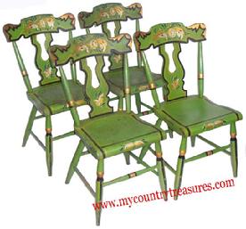Fine set of four mid 19th century Pennsylvania green paint decorated  plank seat side Chairs.