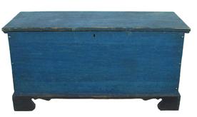 X32  SUSSEX COUNTY, DELAWARE BLUE PAINTED PINE BLANKET CHEST,six board construction, with a dovetailed case applied bracket dovetailed base, original hardward,interior tile, outstanding blue and black paint circa 1820-1840 Measurements 44 1/4 x 171/2 deep x22 1/2" tall