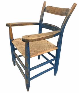 G321 19TH CENTURY  EARLY SOUTHERN  LADDERBACK ARM CHAIR in beautiful original blue paint , two slate back, the  Chair has a replaced cane  seat which is sturdy, professionally done.  circa 1860 