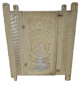 G32 19th century Pennslyvania hanging Pie Safe with star pattern tins circa 1850-70: Painted pine hanging pie safe,with beautiful hand punched tins panels, that run completely around the case.The pewter gray paint is the original 19th century surface,