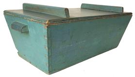 C518 A fine early 19th century Pennslyvania Dough Box in an undisturdeb blue paint, dovetailed case and a removable lid, with applied handles  circa 1810 Measurements 30" long x 11 1/2" tall x 14 1/2"