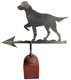 E71 Early 20th century Maryland  cut-out sheet iron folk art  hunting dog weathervane, circa 1930.  Found on Eastern Shore Maryland mounted on a later  wooden base for displaying   Measurement art 17 1/2" long x 14" tall