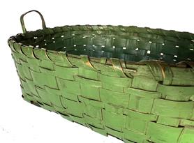 W317 19th century gathering Basket with the original green paint, very well constructed, with a fixed handle, reinforced bottom and a double wrapped rim, very tight and sturdy, measurement are:13" diameter x12" tall including the handle