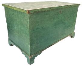 **SOLD** G292 Early 19th century Pennsylvania miniature soft wood blanket chest bearing original green painted surface. Dovetailed case with applied bracket base and molded edge around lid. Clean, natural patina interior with lidded till inside. Six-board construction. Circa 1830s.