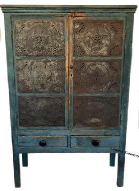 D517 Early 19th century twelve star tin Pie Safe, from Western Maryland, in the original blue paint, two doors,over two drawers, the tins are all hand punched, circa 1820