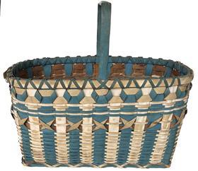 E533 Native American Indian Maine Penobscot Ribbon Blue and White Paint Decorated Basket Woven in a oval form with curling ( X) ribbons in center with blue and white ribs.Basket 