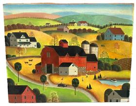**SOLD** M330 Original 20th century oil on canvas Folk Art Autumn Barn / Farm painting signed in lower right corner by the well-known Long Island Folk Artist Steve Klein (b. 1965). This fantastic painting depicts a large central Barn with cows and domestic geese among rolling hills with a nearby pond with an early motorcar passing by.  NOTE: Steve's works have been reproduced for cards, puzzles and many limited-edition prints. This is an ORIGINAL. Unframed. Measurements: 20� wide x 16� tall.  