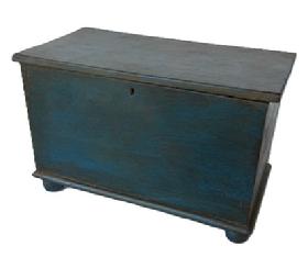 **SOLD** K1849 Diminutive mid-19th century Pennsylvania blanket chest with dovetailed case in old blue painted surface. Dovetail and square head nail construction resting on applied turned feet. The inside of the lid has mortised stretchers that have kept the lid from twisting/warping over the years. Circa 1850s-1870s.