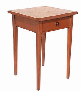 G865 19th Century New England Hepplewhite painted pine one drawer table featuring rectangular one-board top over a single full dovetailed drawer, raised on fine square-tapered legs. Pine secondary wood. Retains original salmon/bittersweet painted surface. Circa 1820.