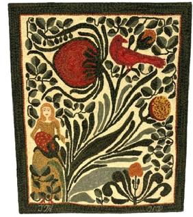 M1126 Fantastic identified, dated and award winning Mid-Atlantic hand-hooked rug featuring a woman in a garden with a large red bird and oversized strawberries along with the initials �JTK� and date �2008� being hooked along the bottom edge. A First-Place Blue Ribbon dated 2008 from the Maryland State Fair Timonium is attached. Vibrant colors of wool strips are tightly hand hooked on Monk�s cloth. Mounted and ready to hang. This pattern is known a �Strawberry Blonde� by Carriage House Samplings. Measurements: 30 &frac12;� wide x 36 &frac12;� tall. (�JTK� = Julie T. Kappler).  