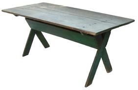 W253 19th century original green painted New England Sawbuck Table, two  board top with wonderful old patina  , the wood is white pine,  square head nail construction circa 1850 measurements are:65" long x 31" wide x 271/2"