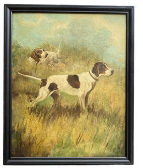 G466 Early 20th century portrait of two hunting dogs painted in oil on artists board. The dogs are realistically portrayed in tall grasses with very attentive expressions. The painting is signed lower left with �Stockwell�. Painting is attributed to listed artist Catherine Haynes Stockwell (1895 - 1983) of Eustis, FL.Catherine Stockwell was born Catherine Haynes in 1895.