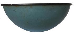 RM763  Unusual metal Bowl with the original robin egg blue painted exterior and black painted interior, found in Ohio mid 19th 