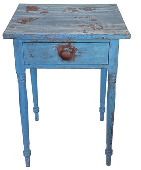 G646 19th century Pennsylvania one drawer stand in old blue paint over the original red paint. Nice country turnings on legs. Tightly dovetailed drawer with original knob and wear indicative of age. Circa 1830s. Measurements: 21 1/2" wide x 21 1/4" deep x 29 1/4" tall