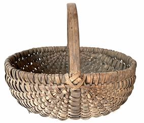 H1002 Large, very sturdy steamed and bentwood Melon basket. Great natural patina surface. Measurements: 12 3/4" x 16 1/2" basket opening. Sides are 7 1/2" tall. Approximately 14" tall at handle.