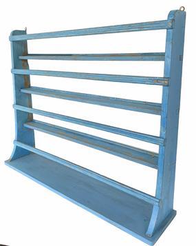 G320 EARLY19th CENTURY HANGING PLATE RACK., the wood pine. hanging shelves with plate racks, Original blue paint