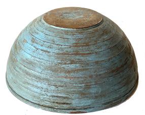 **SOLD** G811  Late 18th century New England blue painted large Beehive wooden bowl. It is out of round. Bold form with broad inner rim tapering subtly downward showing strong evidence of slow lathe turning, and resting on slightly raised foot.  Dry robin egg blue paint is the first coat and the original coat.  The structural condition of this bowl  is good. The painted surface has typical minor abrasions, from year of use. Measurements: 18 1/2" x 18 3/4" x 7" tall